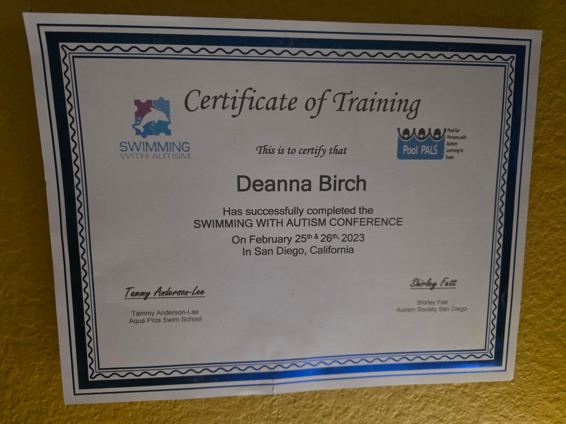 Certificate of Training: Deanna Birch completed the Swimming with Autism Conference, February 25-26, 2023, San Diego, California